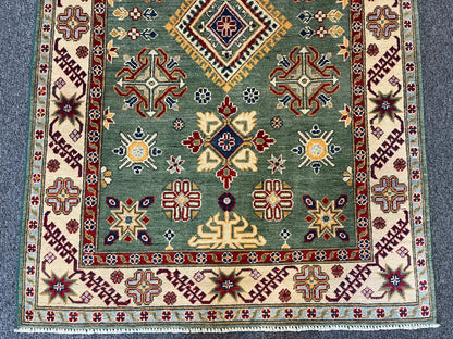 Kazak Geometric Green 4X6 Handmade Wool Rug # 12518