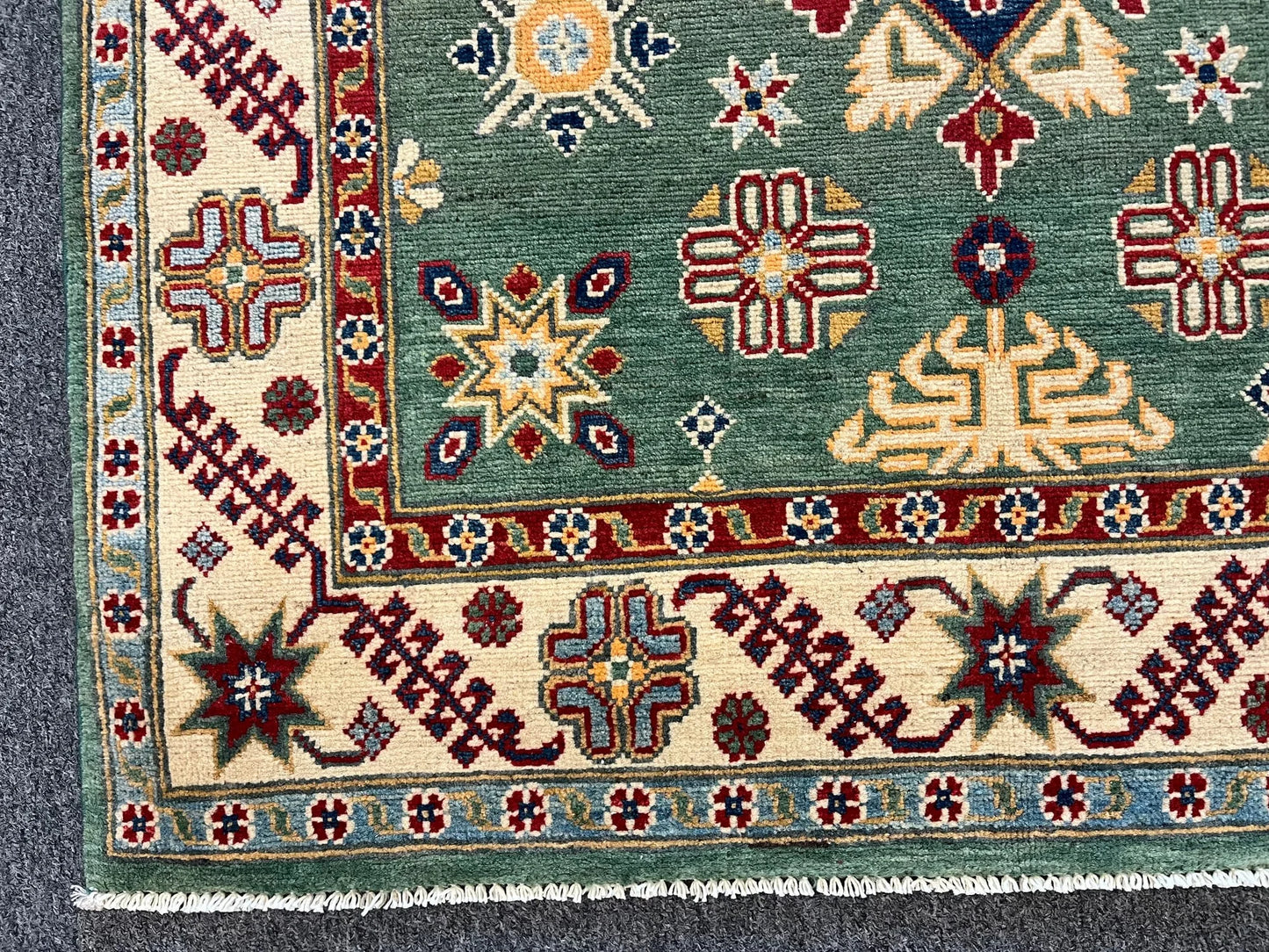 Kazak Geometric Green 4X6 Handmade Wool Rug # 12518