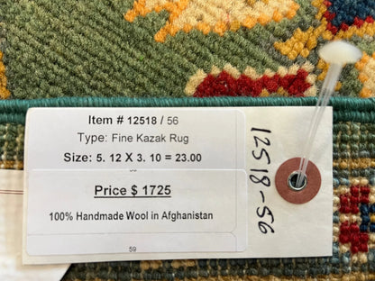 Kazak Geometric Green 4X6 Handmade Wool Rug # 12518