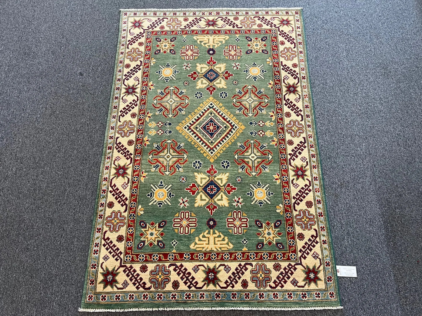 Kazak Geometric Green 4X6 Handmade Wool Rug # 12518