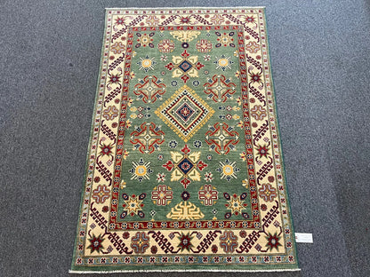 Kazak Geometric Green 4X6 Handmade Wool Rug # 12518