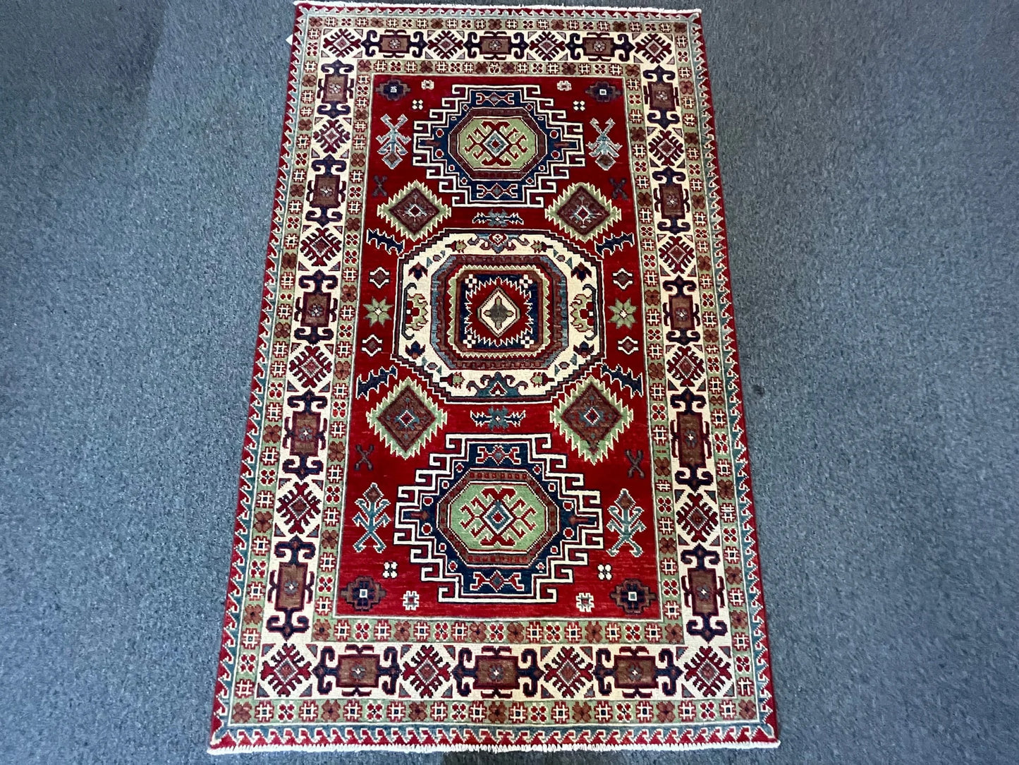 Kazak Geometric 4X6 Handmade Wool Rug # 12522