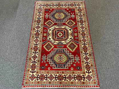 Kazak Geometric 4X6 Handmade Wool Rug # 12522