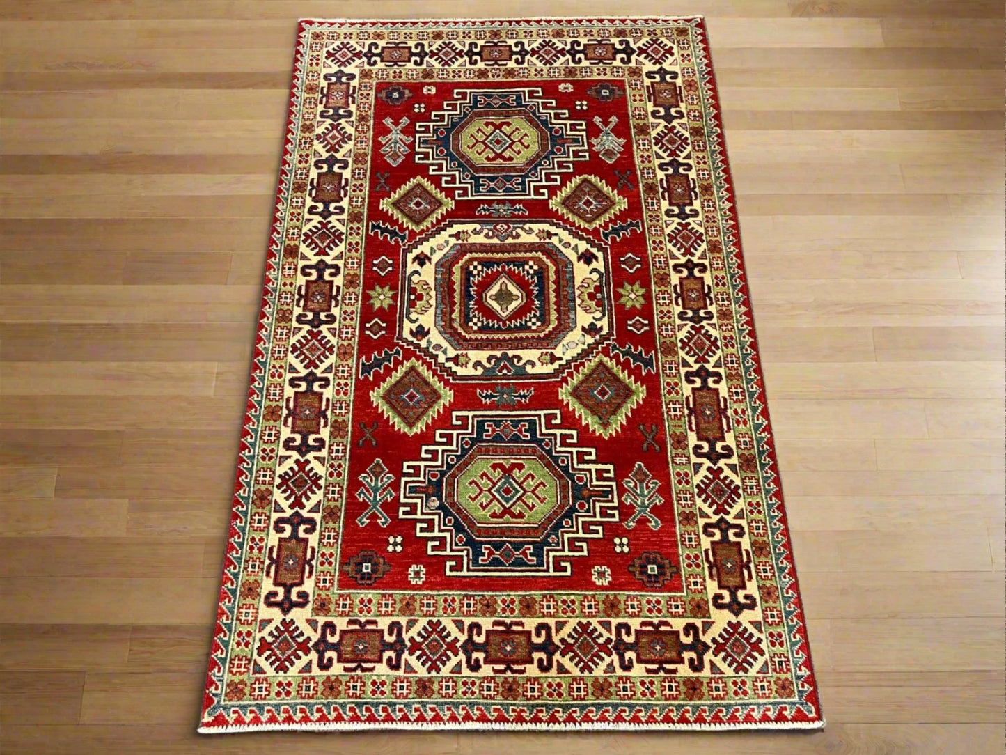 Kazak Geometric 4X6 Handmade Wool Rug # 12522