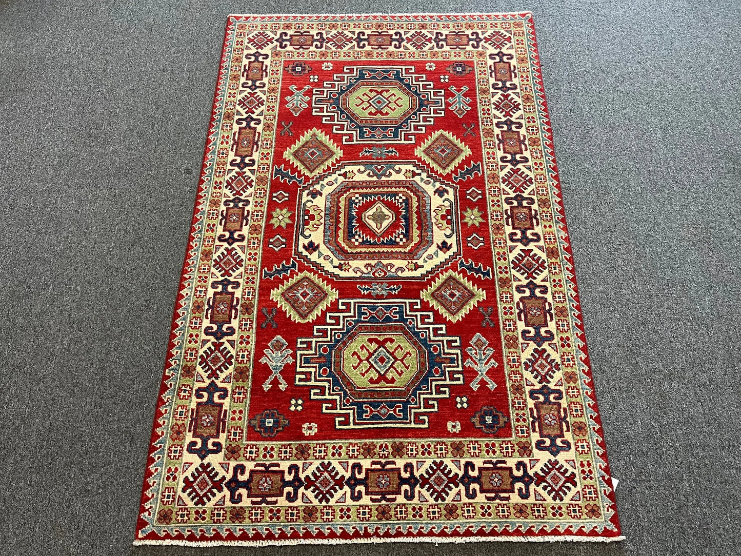 Kazak Geometric 4X6 Handmade Wool Rug # 12522