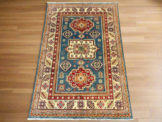 Kazak Geometric Light Blue 4X6 Handmade Wool Rug # 12668