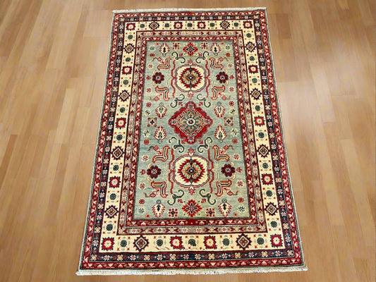 Kazak Geometric Light Green 4X6 Handmade Wool Rug # 12669