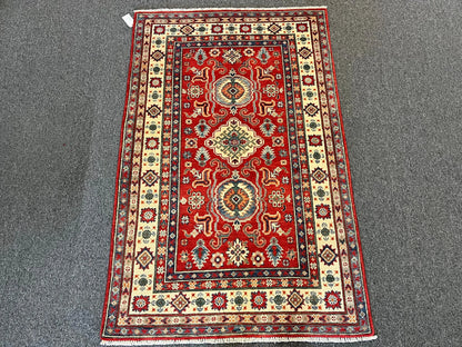 Kazak Geometric 4X6 Handmade Wool Rug # 12675