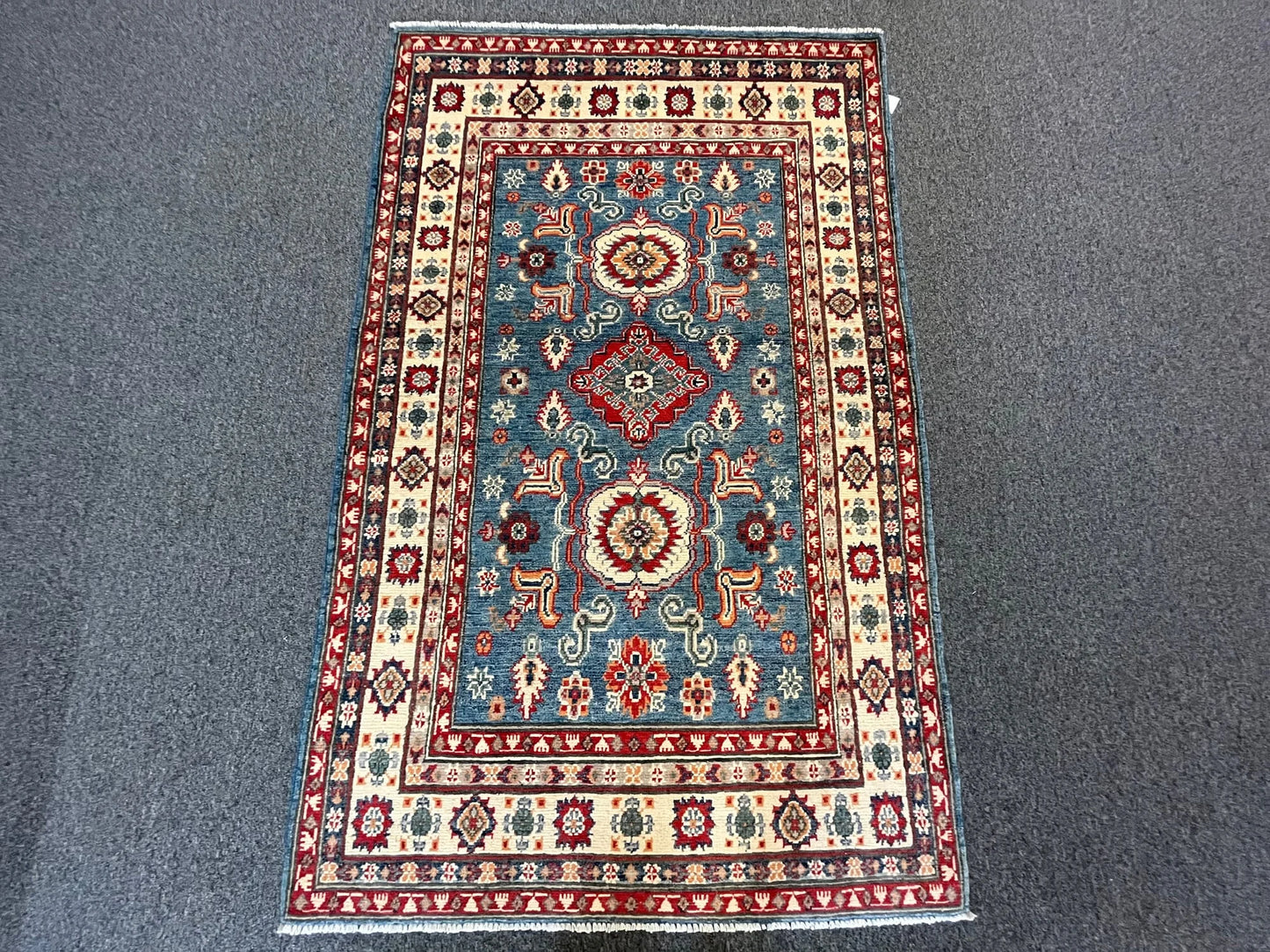 Kazak Light Blue Geometric 4X6 Handmade Wool Rug # 12716