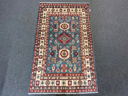 Kazak Light Blue Geometric 4X6 Handmade Wool Rug # 12716