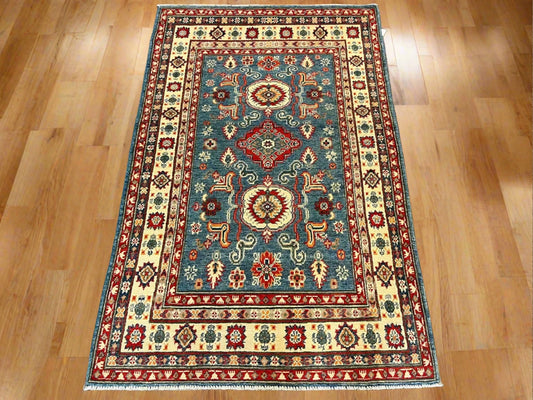 Kazak Light Blue Geometric 4X6 Handmade Wool Rug # 12716