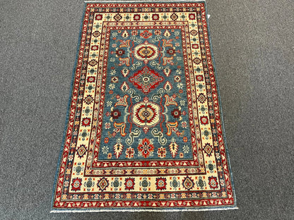 Kazak Light Blue Geometric 4X6 Handmade Wool Rug # 12716