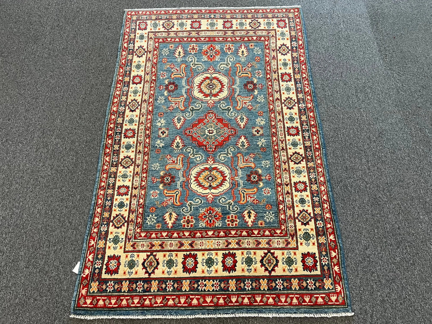 Kazak Light Blue Geometric 4X6 Handmade Wool Rug # 12716