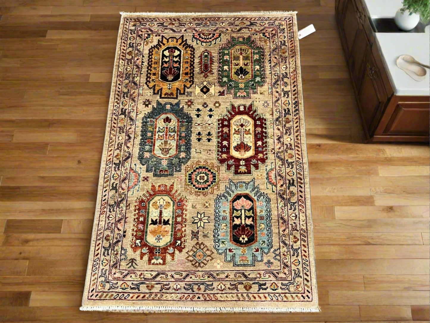 Tribal Ivory 3X5 Handmade Wool Rug # 12867