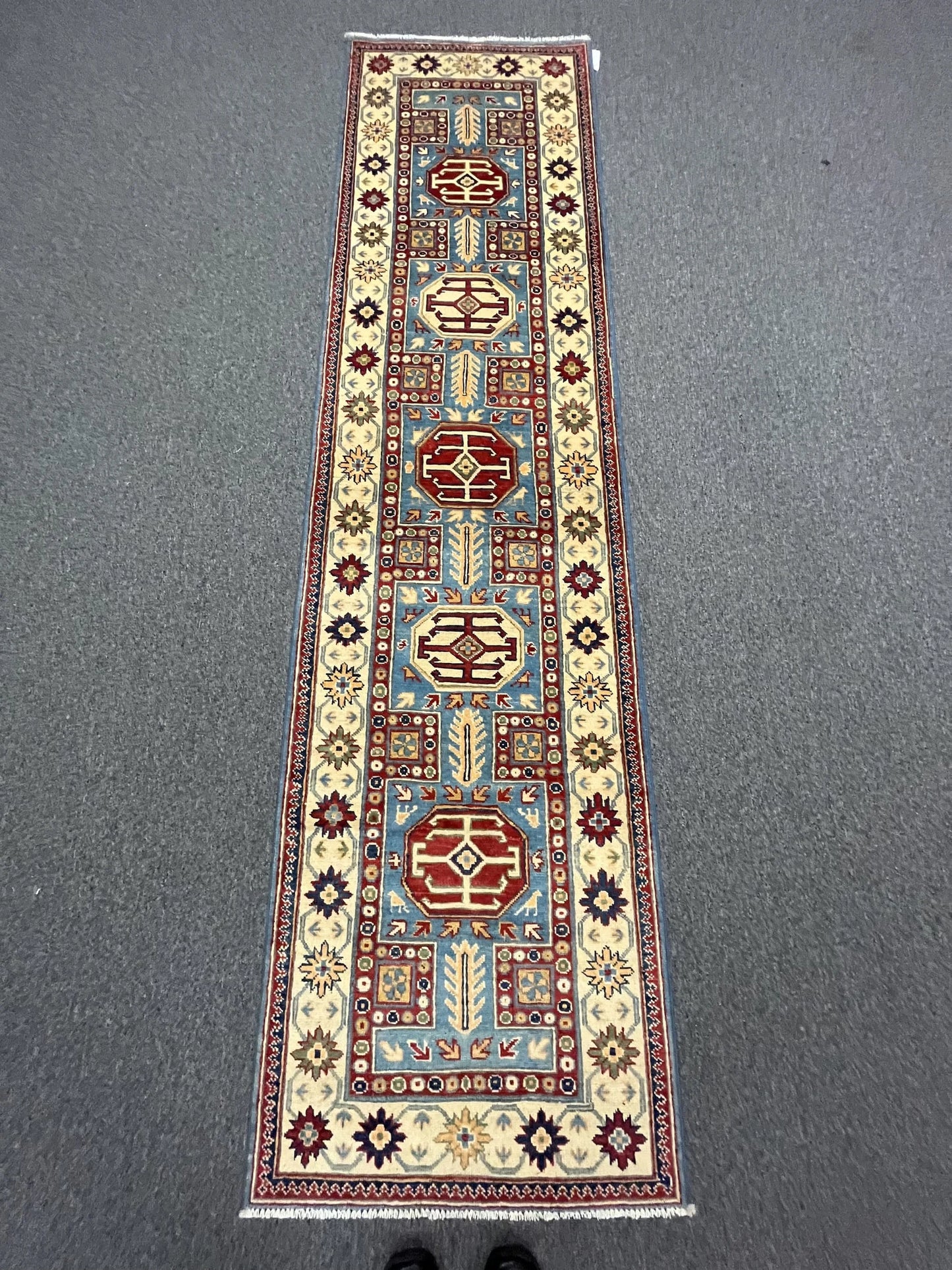 Kazak Light Blue 2' 7"X10 Handmade Wool Runner Rug # 12497