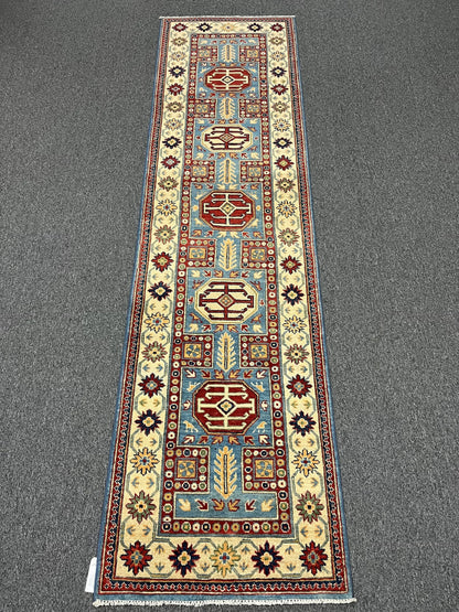 Kazak Light Blue 2' 7"X10 Handmade Wool Runner Rug # 12497