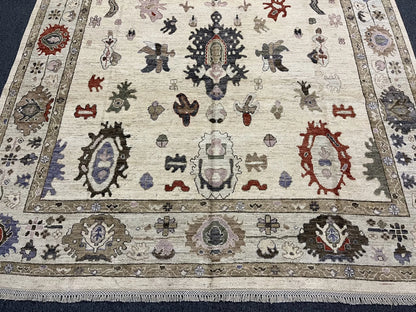 Ivory/Soft Green Oushak 9X12 Handmade Wool Rug # 11881