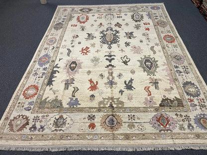 Ivory/Soft Green Oushak 9X12 Handmade Wool Rug # 11881