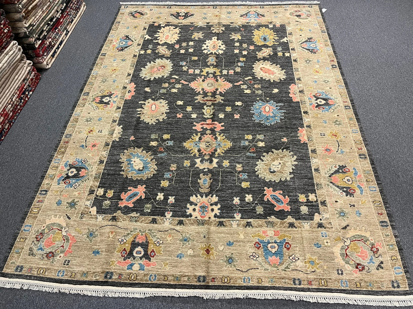 Oushak Charcoal/Ivory 9X12 Handmade Wool Rug # 11882