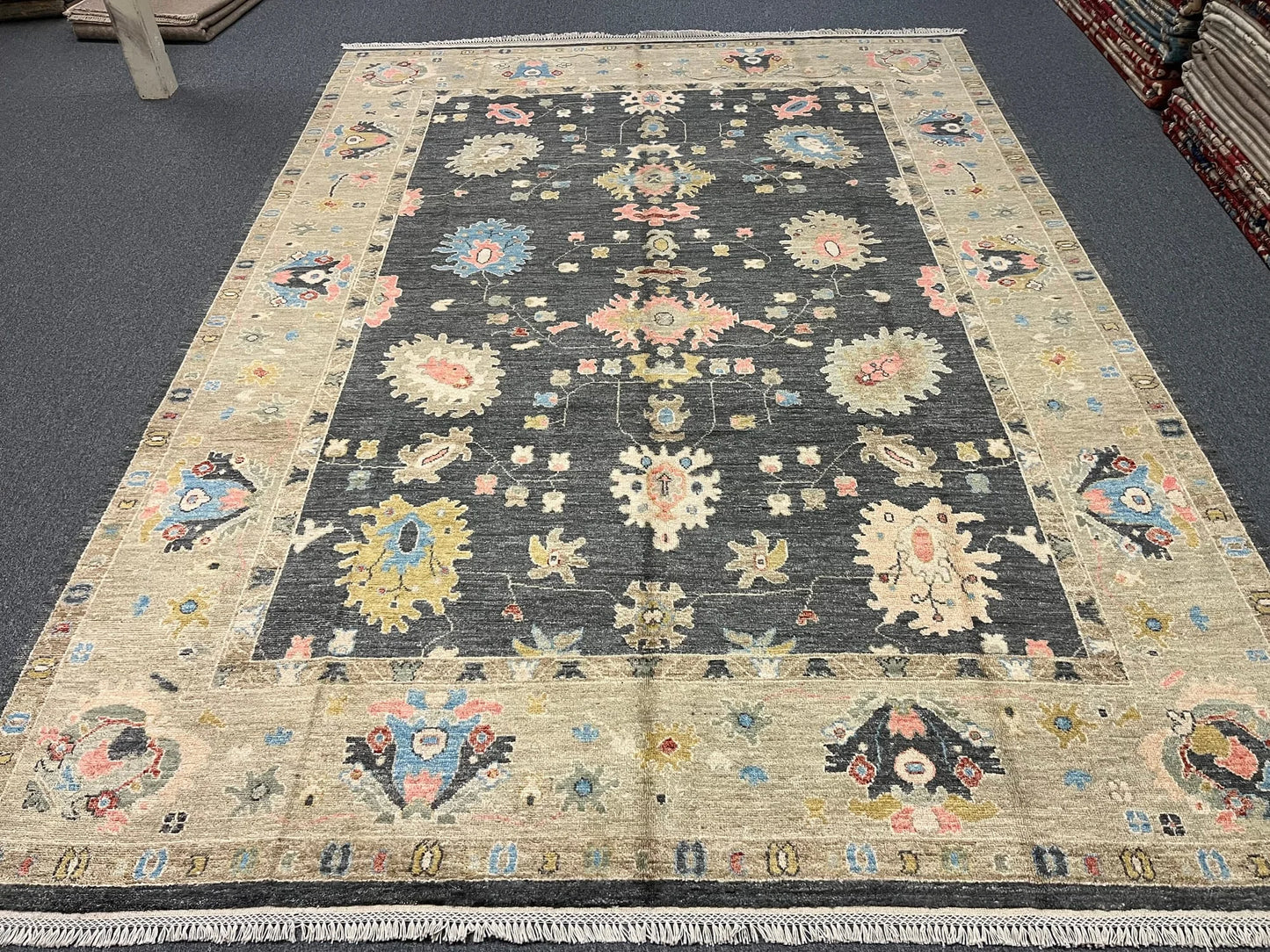 Oushak Charcoal/Ivory 9X12 Handmade Wool Rug # 11882