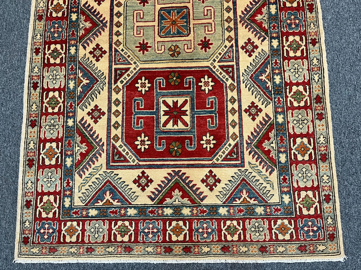 Beige/Multicolor 4X6 Kazak Handmade Wool Rug # 10397