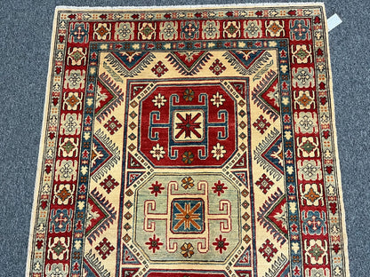 Beige/Multicolor 4X6 Kazak Handmade Wool Rug # 10397