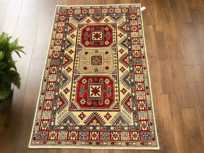 Beige/Multicolor 4X6 Kazak Handmade Wool Rug # 10397