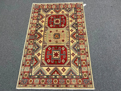 Beige/Multicolor 4X6 Kazak Handmade Wool Rug # 10397