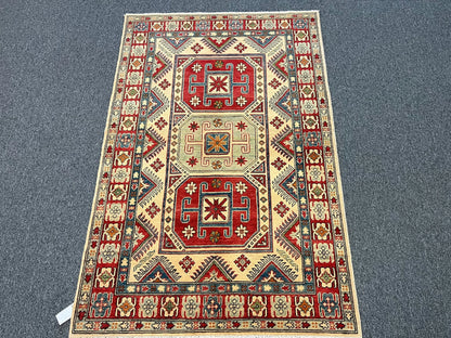 Beige/Multicolor 4X6 Kazak Handmade Wool Rug # 10397