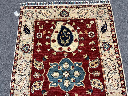 4X6 Suzani Red/Beige Handmade Wool Rug # 11302