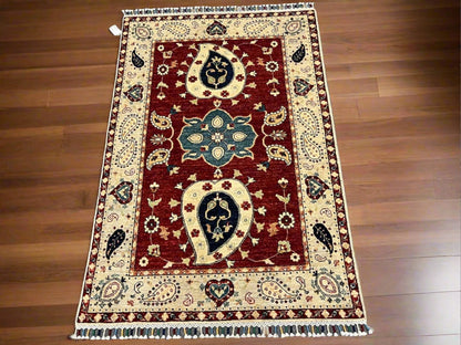 4X6 Suzani Red/Beige Handmade Wool Rug # 11302