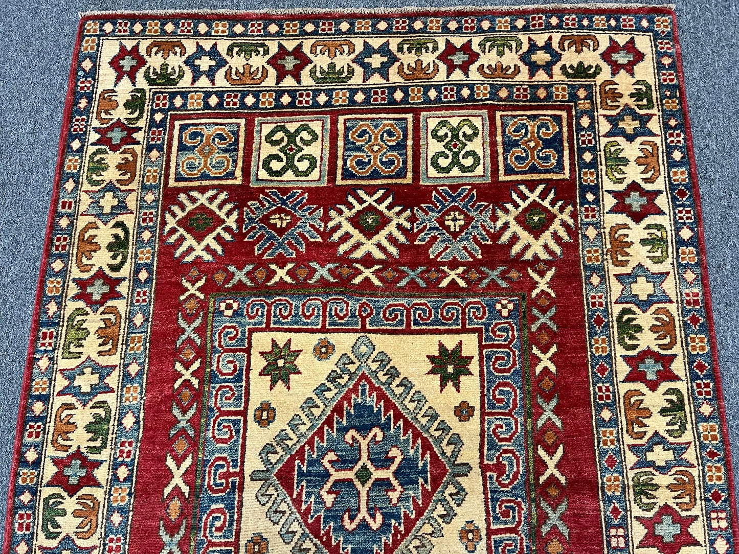 Kazak Geometric Multicolor 4X6 Handmade Wool Rug # 9908