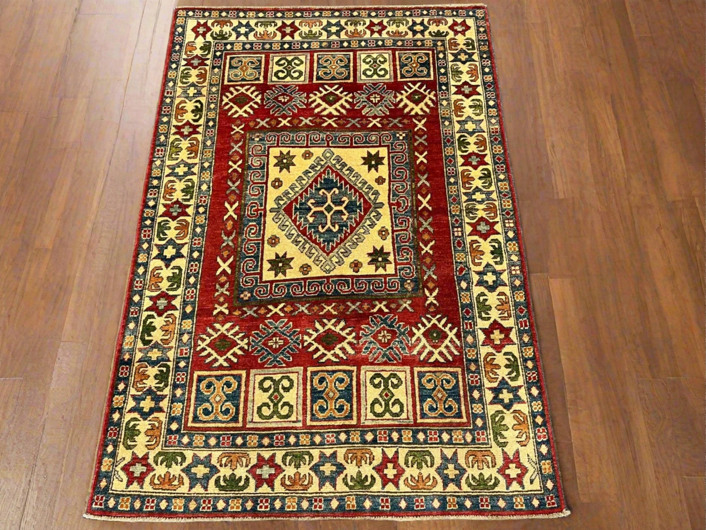 Kazak Geometric Multicolor 4X6 Handmade Wool Rug # 9908