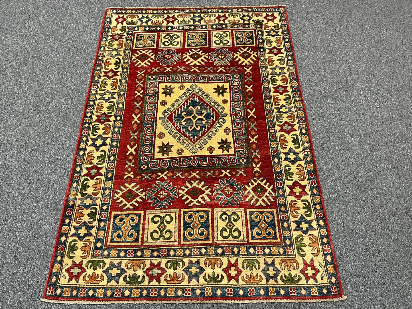 Kazak Geometric Multicolor 4X6 Handmade Wool Rug # 9908