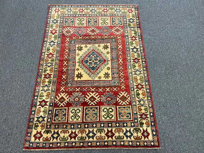 Kazak Geometric Multicolor 4X6 Handmade Wool Rug # 9908