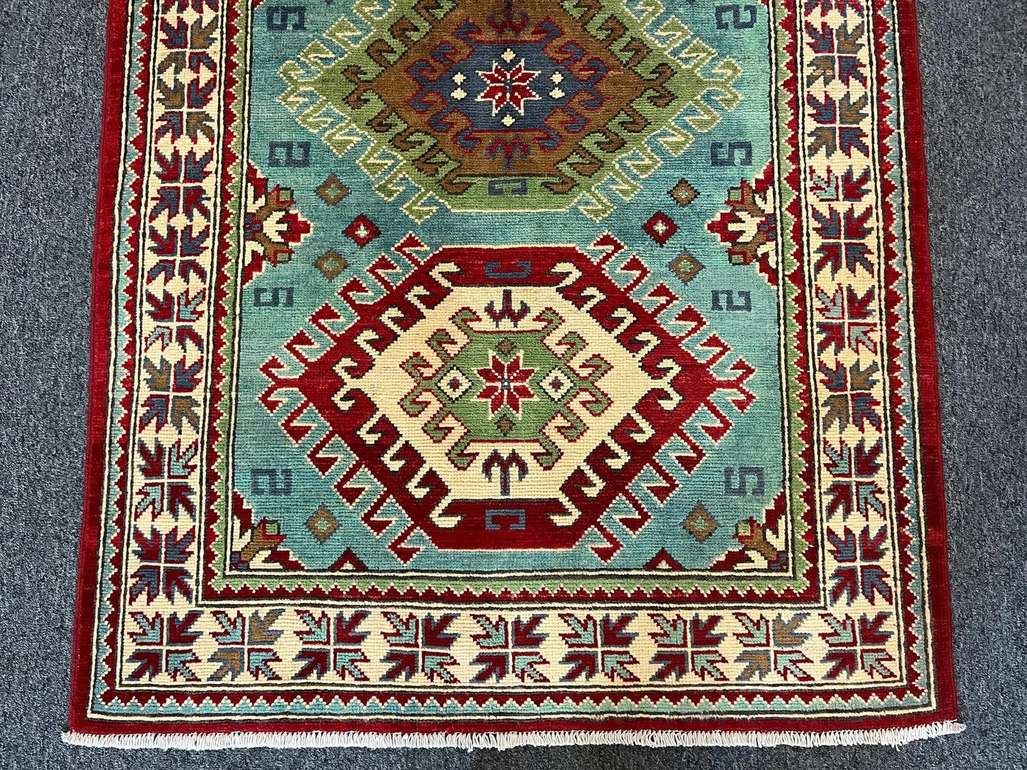 Kazak Green/Blue 3X5 Handmade Wool Rug # 13005