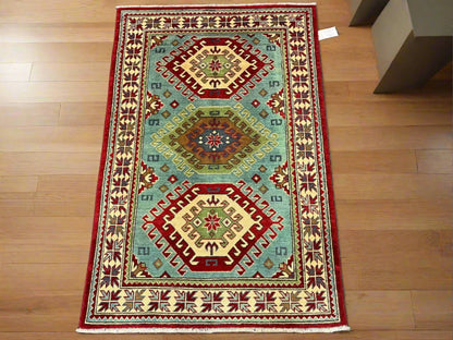 Kazak Green/Blue 3X5 Handmade Wool Rug # 13005