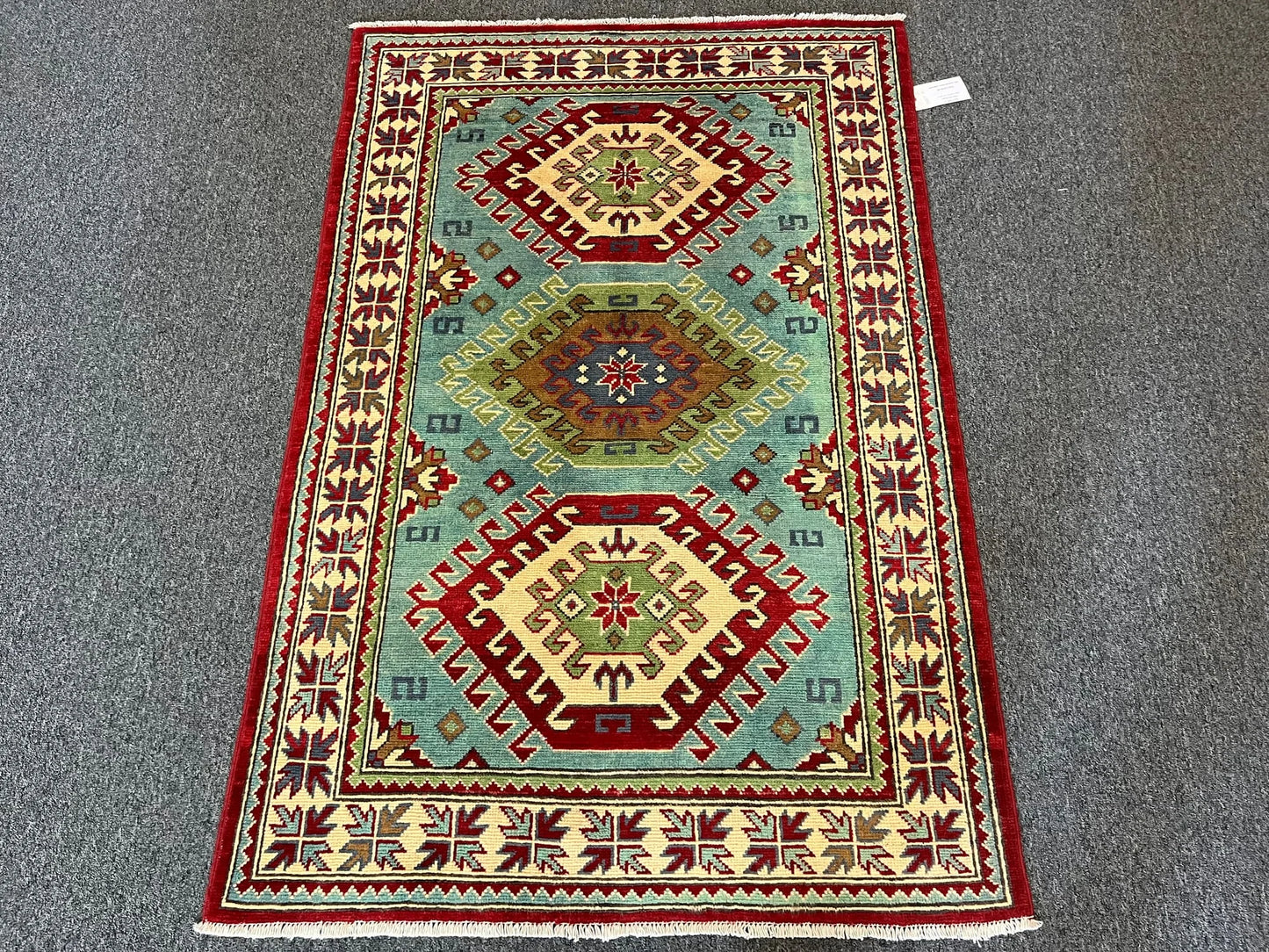 Kazak Green/Blue 3X5 Handmade Wool Rug # 13005