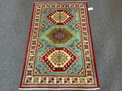 Kazak Green/Blue 3X5 Handmade Wool Rug # 13005