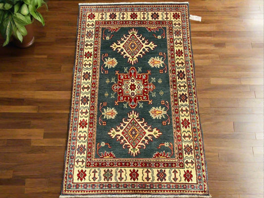 Kazak Gray Green 3X5 Handmade Wool Rug # 12996