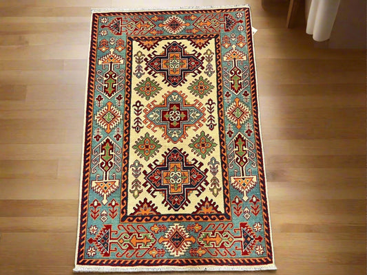 Kazak Geometric 3X5 Handmade Wool Rug # 13012