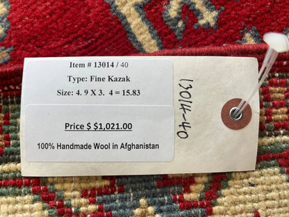 Kazak Red & Blue 3X5 Handmade Wool Rug # 13014