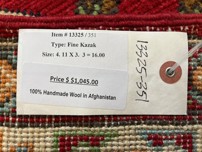 Kazak Red & Blue 3X5 Handmade Wool Rug # 13325