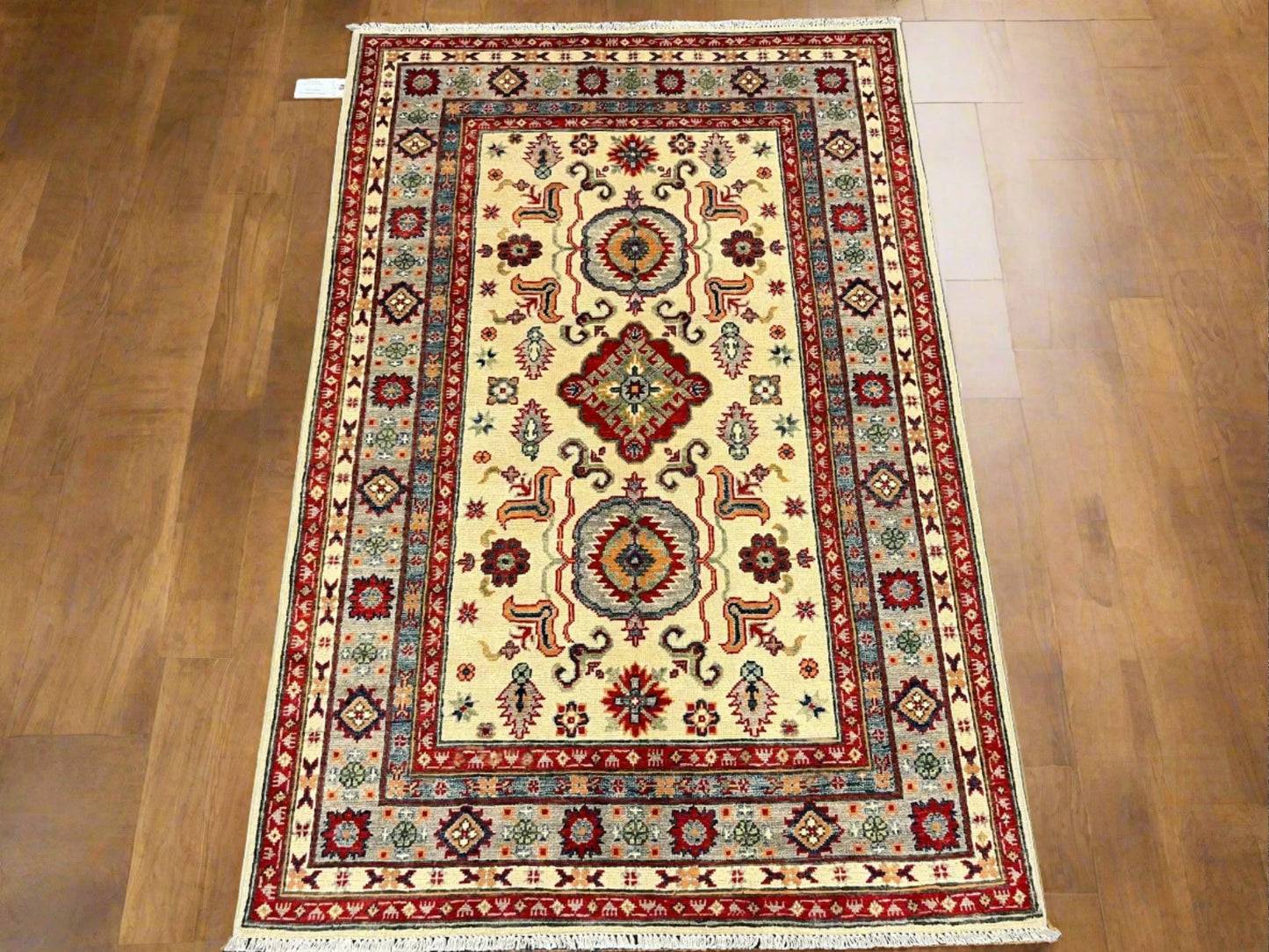 Kazak Beige Geometric 4X6 Handmade Wool Rug # 13053