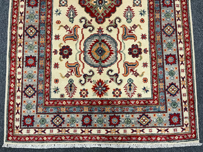 Kazak Beige Geometric 4X6 Handmade Wool Rug # 13053