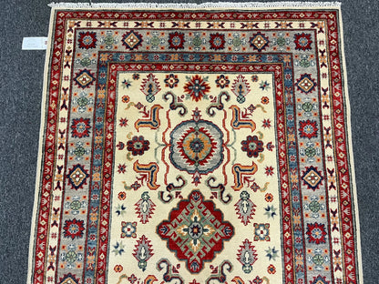 Kazak Beige Geometric 4X6 Handmade Wool Rug # 13053