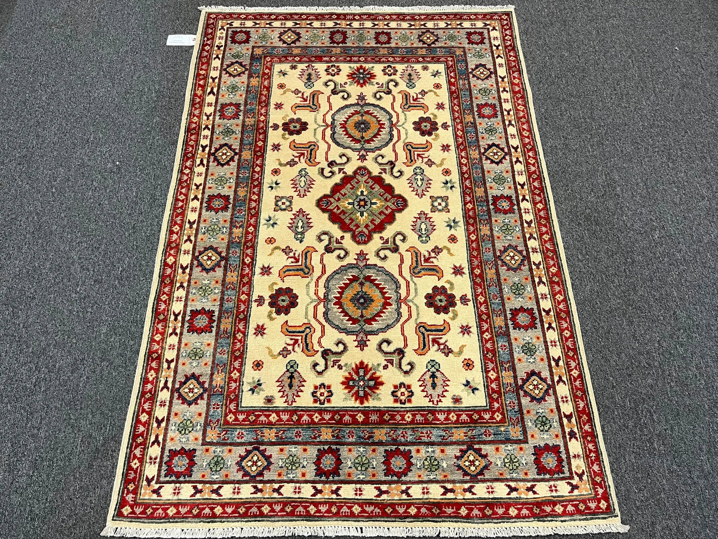 Kazak Beige Geometric 4X6 Handmade Wool Rug # 13053