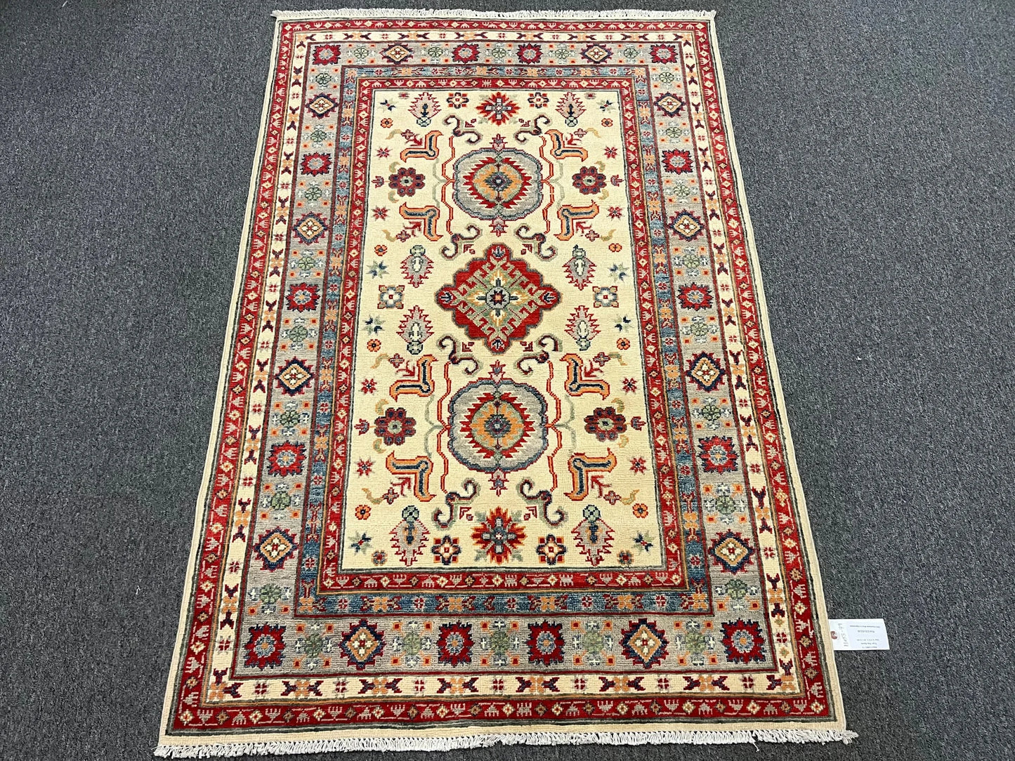 Kazak Beige Geometric 4X6 Handmade Wool Rug # 13053