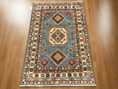 Kazak Light Blue Geometric 4X6 Handmade Wool Rug # 12985