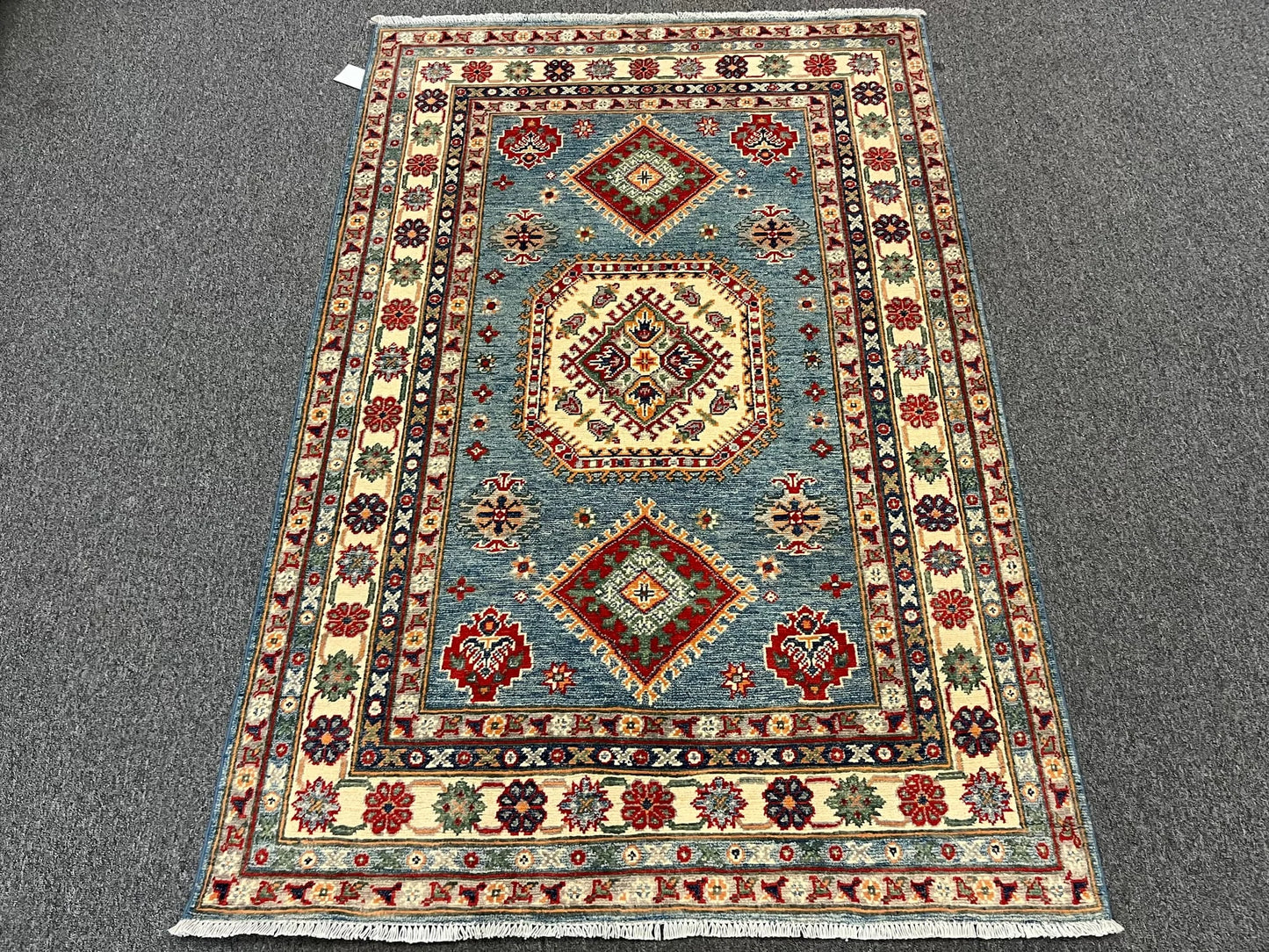 Kazak Light Blue Geometric 4X6 Handmade Wool Rug # 12985